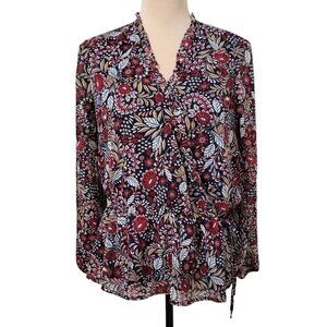 Liz Claiborne Size PS Navy Floral Blouse, Tie Waist, Faux Wrap, V Neck, NEW